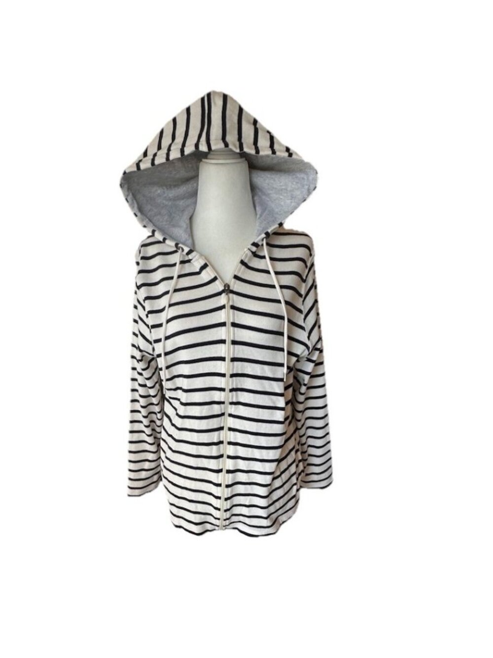 LL Bean Sweater Womens Large Blue Stripe Hoodie Full Zip Sailor Nautical Classic